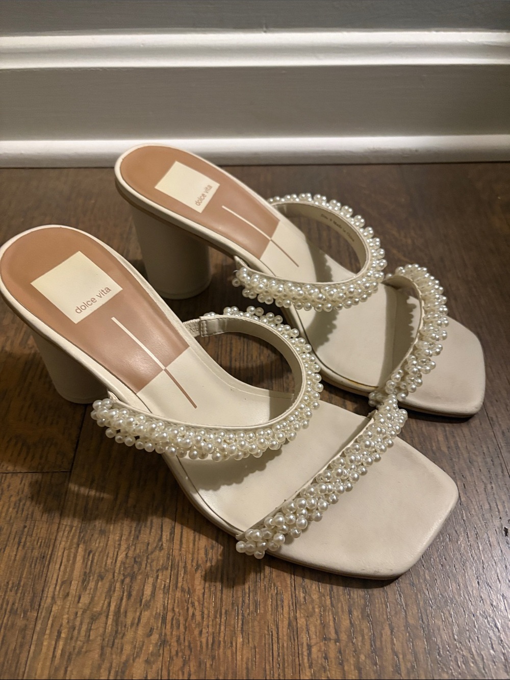 Dolce Vita Cream Pearl-Embellished Block Heel Mules